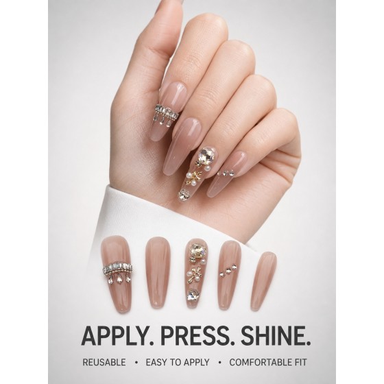 Nude Long Tapered Press‑On Nails, Luxury Rhinestone Pearl Cross Reusable Fake Nails